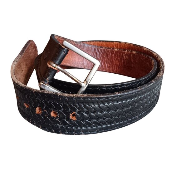 42 True Vintage Black Basket Duty Tooled Leather Belt Lyntone Made USA Cowhide - Picture 3 of 8